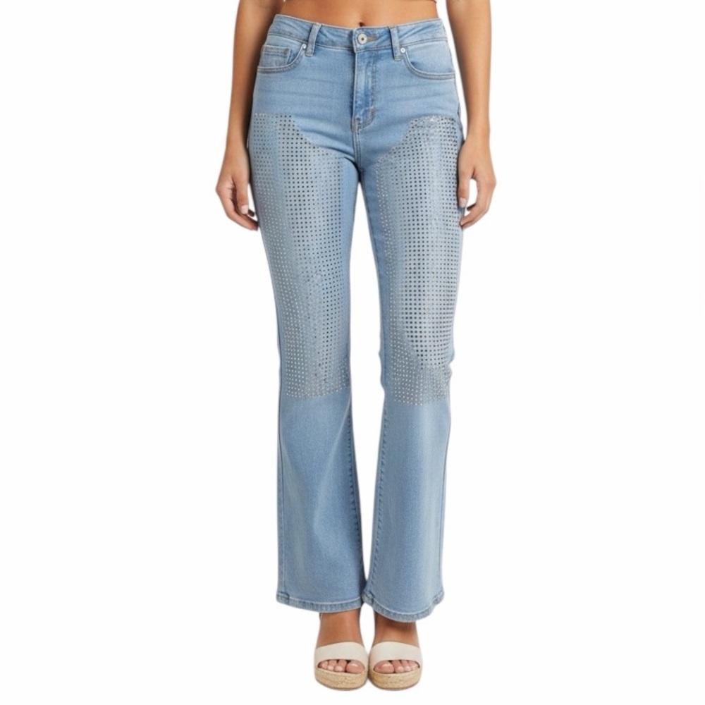 Y2K Rhinestone Wide Leg Jeans Light Wash High Rise Size 15 NWT Glam Denim